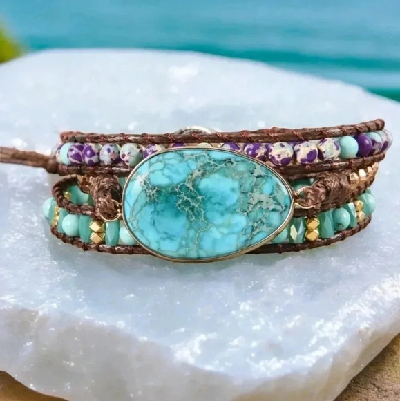 🆕️Handmade Blue Imperial Jasper Wrap Bracelet | Boho Chic Vintage Style 🌸🌊 - Picture 9 of 11